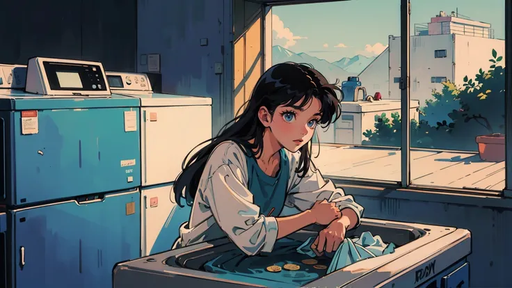 super high quality, 80s anime style, pretty girl,Shoulder Bare、valley、Black Hair、Long Hair, Coin laundry, Sitting, View your viewers, Coin laundryで一人, LOFI