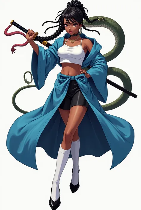 A brown skined anime girl wearing a white crop top,a blue haori,black skirt,long white socks,black heels,erato braids,she has a snake on her neck and is holding a sword 