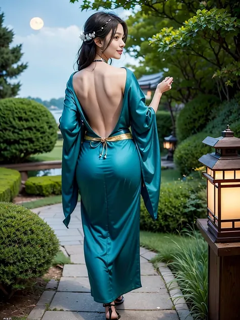 ((skinny)), ((tiny body)), Under the mesmerizing moonlight, in a serene Japanese garden, a beautiful woman in a partially undone kimono reveals her elegant shoulders and back. Her demure yet seductive gaze is full of hidden secrets. As she gracefully strol...