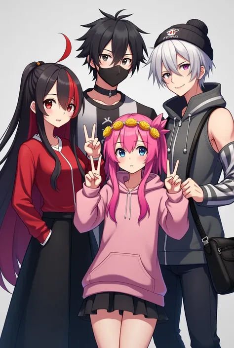 2 girls and 2 guys,they only 4 PEOPLES,they all the same height 170cm,no one is short than another and no one is tall than another.They all in game characters with black and white ish background .they smiling

one of the girl has long red and black hair, s...