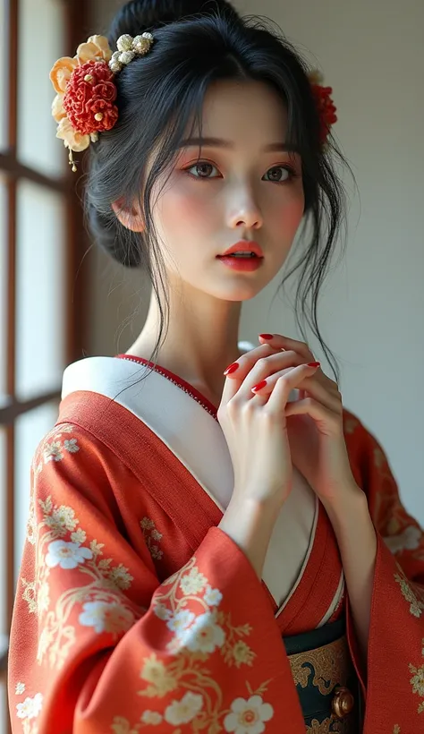 1girl, Solo, (Photorealism 1:1), Blue eyes, Open Mouth, Beautiful Japanese kimono, very beautiful Japanese female, very detailed fingers, beauty red nails, HDR