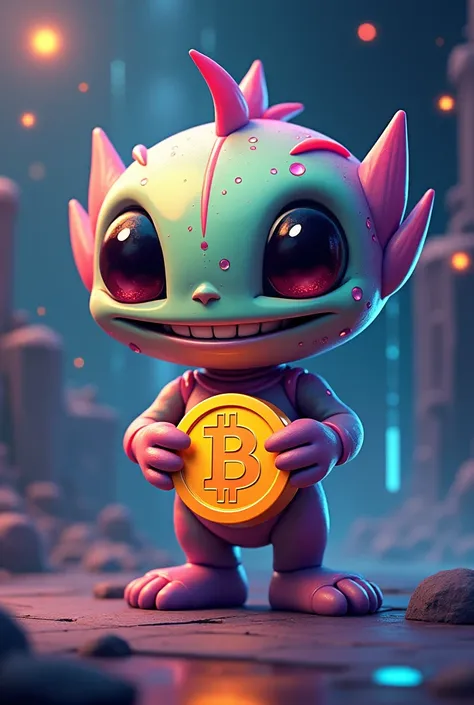 An nft style cartoon alien holding a bitcoin coin