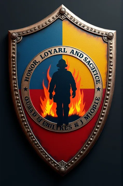 Make a Roman-style shield that says San Pablo emergency brigade with the motto of honor, loyalty and sacrifice with the colors of the Chilean flag and the silhouette of a firefighter on fire