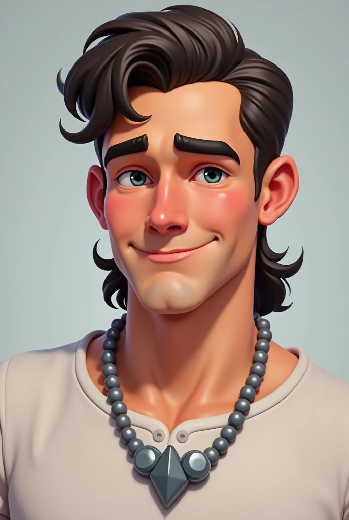 white man with mullet cut hair wearing grey Disney Pixar style necklace on grey background