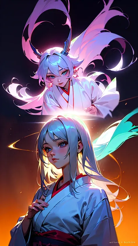 Beautifully detailed anime girl, Yes, Miko., long silver hair, Luxurious purple kimono set, exquisite face, charming eyes, elegant posture, A magical glowing fox spirit, bright colors, movie light, Digital Painting, Artistic style concept, 8ก, Highest qual...