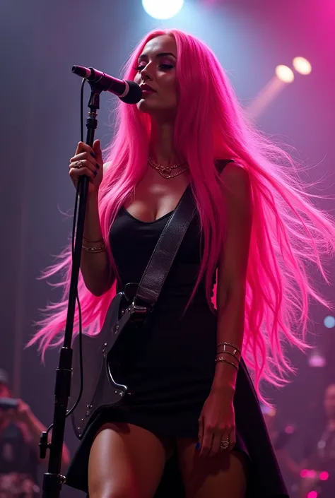 pink hair superstar, back with guitar on his back and microphone in his hand singing, beautiful hyperrealistic long pink hair and black dress 