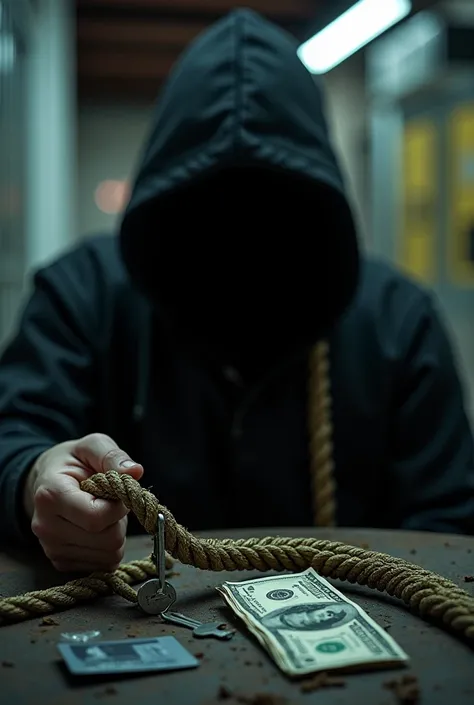 an illegal rope advertisement, hooded cloak, c4, Dirty Money and Keycard