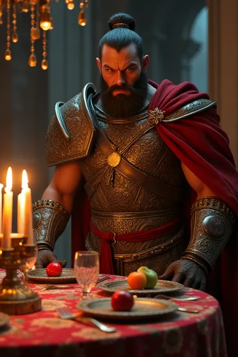 Ancient worrier, bold, tall and handsome, Dinner, crimson eyes, burning candles, dining table, angry look with smile, full of colors