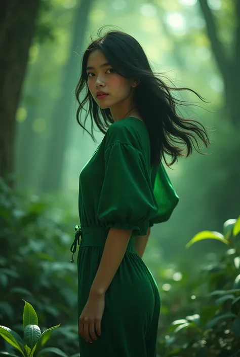 (Masterpiece, Kualitas The best, The best, official art, Beautiful and Aesthetic, Long Exposure: 1.2), smooth movement, Charming Pattern, 1 woman , (Green T-shirt with balloon sleeves: short), (((wearing green jumpsuit pants) )),, Indonesian Girl, blush, b...