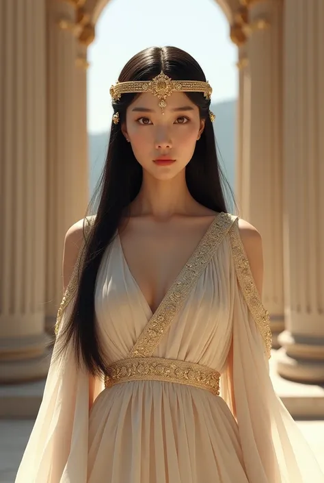 A Korean woman in a goddess greek inspired outfit. She has a neat, straight black long hairstyle, brown eyes, and her overall look goddess fashion, behind her is a Greek palace, on her head she wears a golden greek crown