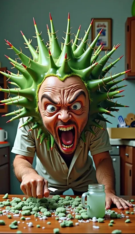 Create an exaggerated scene of a person suffering from “Cactus Skin Anomaly,” where their skin sporadically sprouts oversized, vibrant green cactus spines that unpredictably appear and disappear. The person is in complete chaos—shirt shredded, furniture ar...