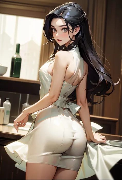 perfect eyes:1.2, detailed eyes:1.4, m0n1c4b-v2, long hair, hair pulled back, forehead, black hair, brown eyes, from behind, ass, looking back, restaurant, dr3ss, white dress, bare shoulders, latex, breasts, medium full shot, thigh-level shot, 1girl, solo,...