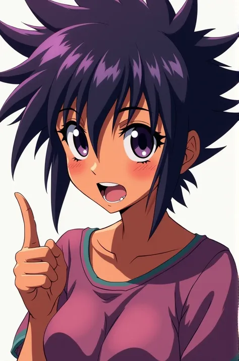 A teenager with tanned skin, eyes black, dark purple hair old anime style