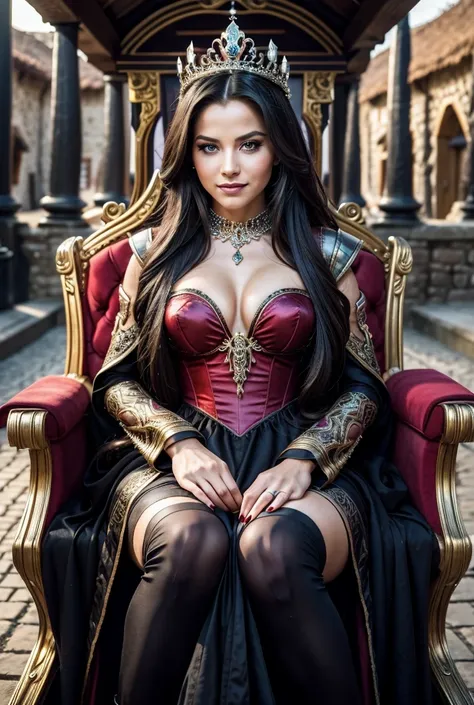 a hot and sexy evil queen woman sitting on a throne in the center of a village, near the throne the unusual looking inhabitants of the village, the woman is facing the camera with a sinister and mysterious smile1girl, High Resolution, Long Hair, Smile, Acc...