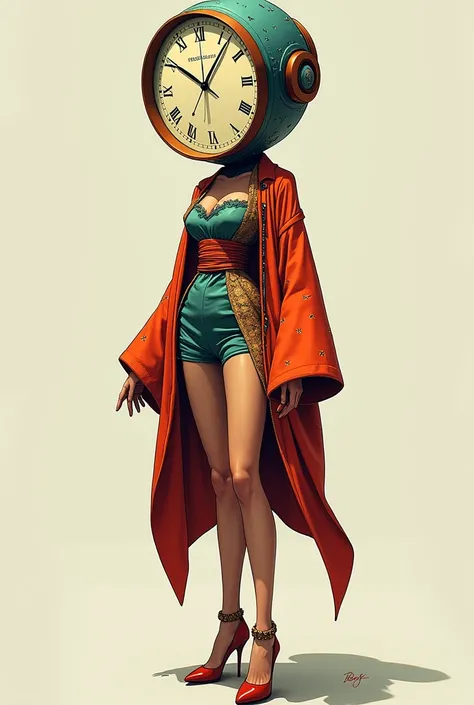 Create a surrealistic themed illustration of a Brazilian woman with the head of a clock, with watch strap, with high heels and futuristic kimono