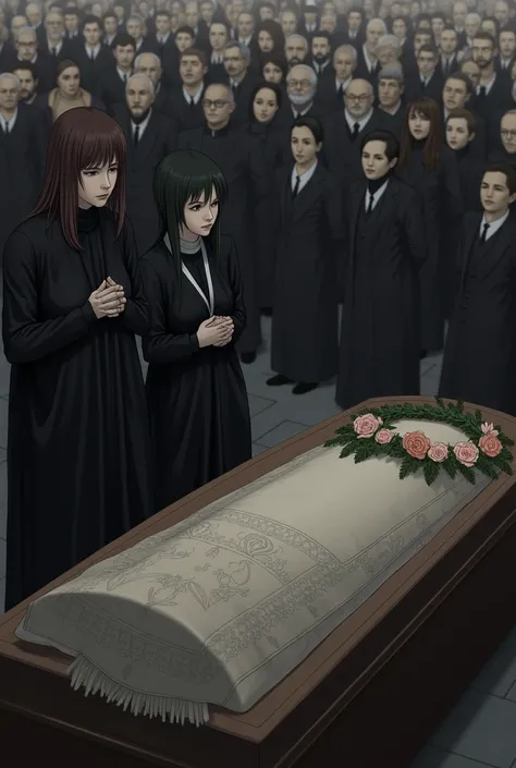 2 women in front of a coffin that has a blanket on top and a wreath, around a lot of people 