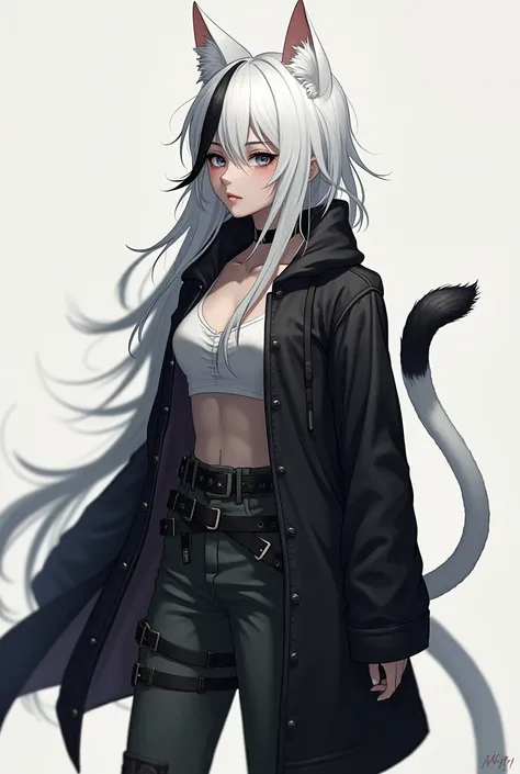 A girl with white hair and a lock of black hair,with white horns,with cat ears,with a white cat tail with a black tip,with military pants,with a black coat 