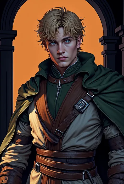 a prince with golden blonde hair, wearing a moss green medieval military outfit, looking forward with piercing emerald green gaze, full body, art by Greg Rutkowski, hyper realistic, cinematic lighting, highly detailed, award winning digital art, stunning, ...