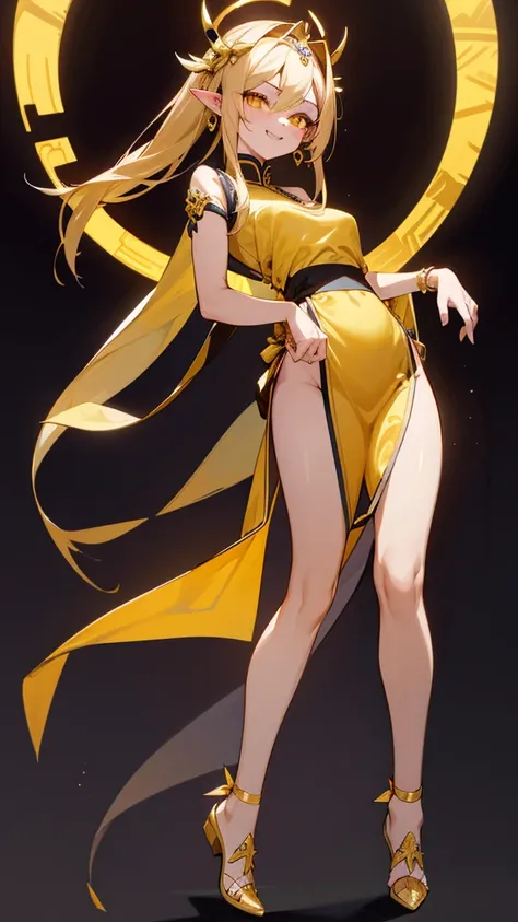 1girl, Solo, High Resolution, Blush, Accurate, Masterpiece, Long Hair, Breasts, Earrings, Pointy Ears, Wide Hips, Lean, Muscular, Smile, Yellow Eyes, Black Sclera, Fang, Out Of This World Background, White Qipao, Gold Trims, Gold Greek Headpiece, Glowing I...