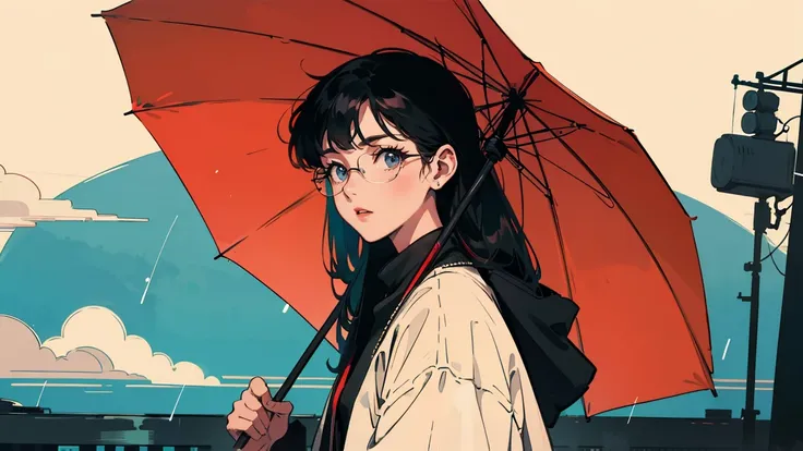 super high quality, Ultra-high resolution, Super detailed, High Contrast, Ultra Fine Strike, Creative refinement,Black Hairの,With a rainbow-colored umbrella,Stylish glasses,Black Hair,Long Hair,It rains,