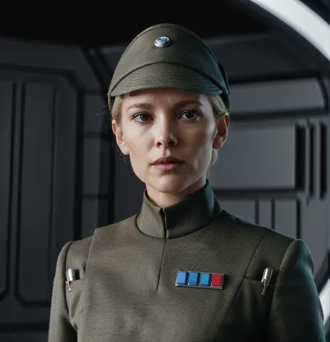 megyn kelly in olive green imperial officer uniform and hat, pale skin, blonde hair in bun, long pointy chin, blue eyes, sci-fi ...