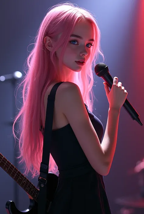 Woman with long pink hair, He is standing with his back turned with a microphone in his hand and his face in profile, On the back of her back she has an electric guitar and her dress is black, 20 year old woman with sweet face, blue eyes, she close up and ...