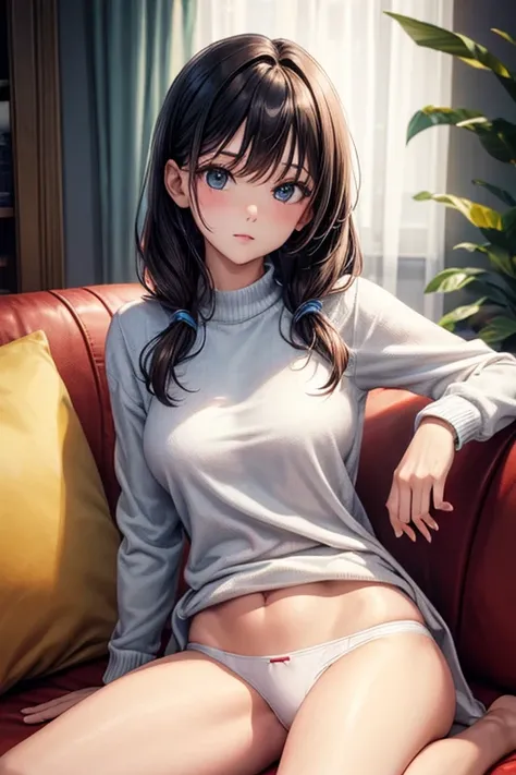 A woman, sueter, without pants,white underwear, sitting on a sofa