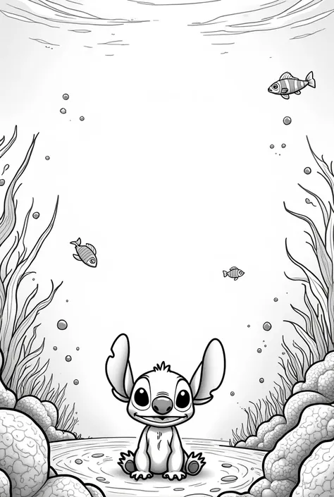 make a coloring page of the stich on the ocean floor and in the sea black and white to color