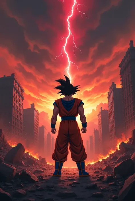 Son goku in a destroyed city with dark sky on fire in the background with red lightning 