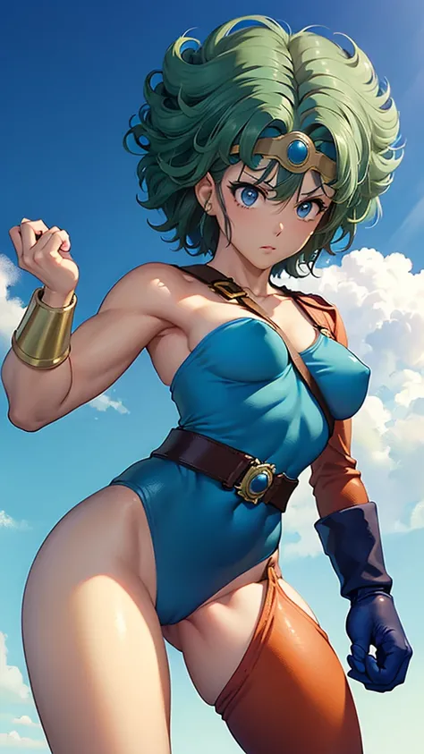 （（（ＳＦＷ、sound、Highest quality、Top notch work、Normal body、8k、Detailed face、Ultra-precision、normal hand、Refer、５refer、Highest）））、beautiful girl、Green Hair、yamato nadeshiko、((Small breasts、Shortcuts、Blue leotard、muscular、Red Cape、Circlet))、(((Sexy pose)))、Femal...