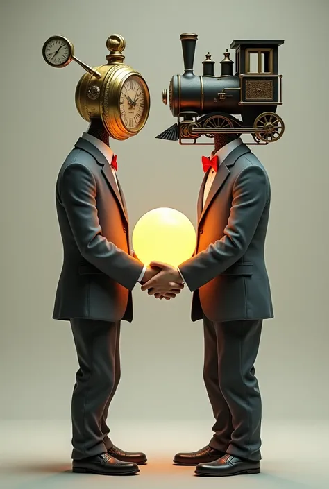 Guy with big watch instead of face and guy with train instead of head together holding a ball