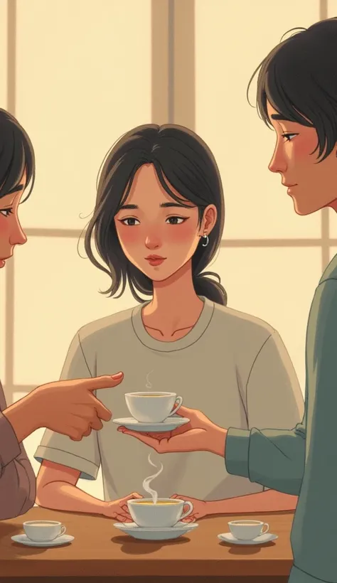 A person sitting at a table with two cups of tea, one in front of them and the other being handed to a second person. The setting is simple, yet warm, symbolizing that even the smallest acts of consideration don’t require money, only mutual care and balanc...