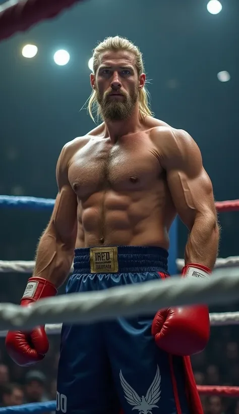 character THOR, fighting in boxing uniform in a ring. His face has to be true to the Marvel character. Image closer to the camera with maximum detail and high definition, HD, Realistic. Background theme a fighting ring