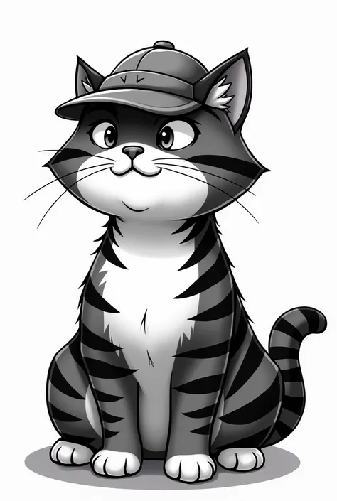 Thick-necked striped cat with detective hat. in black and white