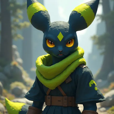 High resolution, detail, cheered up. A Shiny Umbreon from Pokémon with a slightly serious look and scars all over its body except its face., and a huge scar on the right side of his neck. Dark-colored tunic covering almost the entire body, lime green scarf...