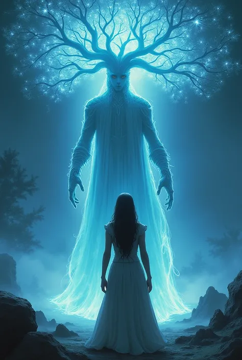  Noor, with her kindness and compassion, stands fearlessly before him. The magical tree behind the giant has branches glowing with ethereal light, radiating beauty and power."