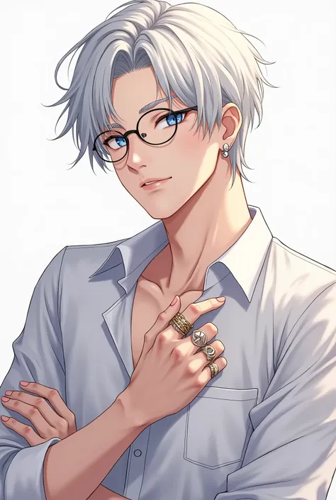 (anime style) a young man, soft but rather elegant facial and body features, thin but with fairly prominent muscles, tattoo on right arm, blue eyes, waist-length white hair, wear glasses. wearing a white shirt and sleeves rolled up to the elbow, black trou...