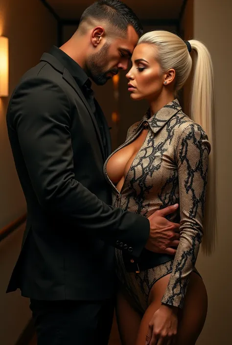 Kim Kardashian with hell blonden straight hair in a ponytail, in a tight long shirt with snake pattern with sleeves, and buttons, large cleavage, around her belly is a wide black belt,she is in a VIP room,  her facial expression is aggressive , she also we...