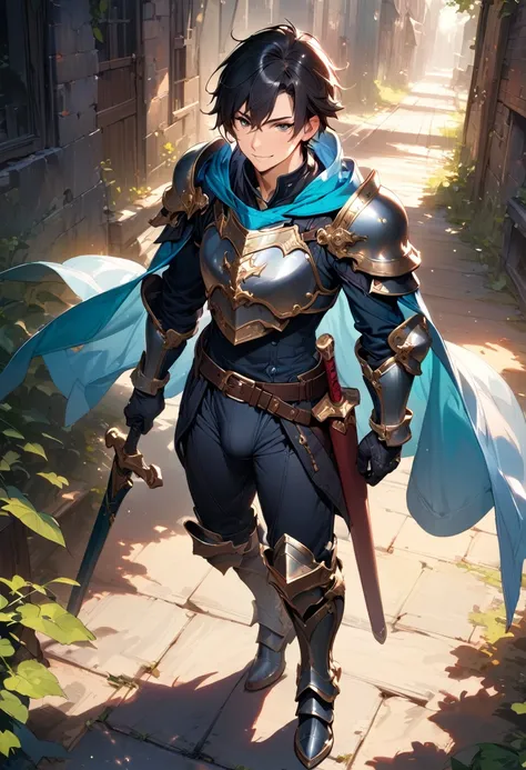 (masterpiece),(best quality),(ultra-detailed),(best illustration),(best shadow),(absurdres),(detailed background),(very aesthetic), 1boy, male-focus, armor, solo, cape, black-hair, gloves, holding, smile, belt, boots, full-body, standing, greaves, armored-...