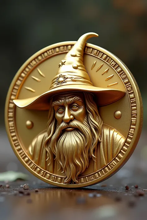 A hyperrealistic image of a golden coin with the face of a wizard embossed on it, perfectly centered and upright. The wizard has a detailed face with a long beard and a pointed hat adorned with stars, exuding a wise and mysterious expression. The coins edg...