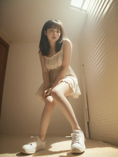 (angle from below:1.3), (wide photo shot:1.3), (High quality photo:1.5), 1women, a sweet japanese idol women with a warm expression in messy room with pile of old radios walls, (wearing lace slipdress:1.2), (open legs:1.2), (sneakers:1.2), (pretty chubby:0...