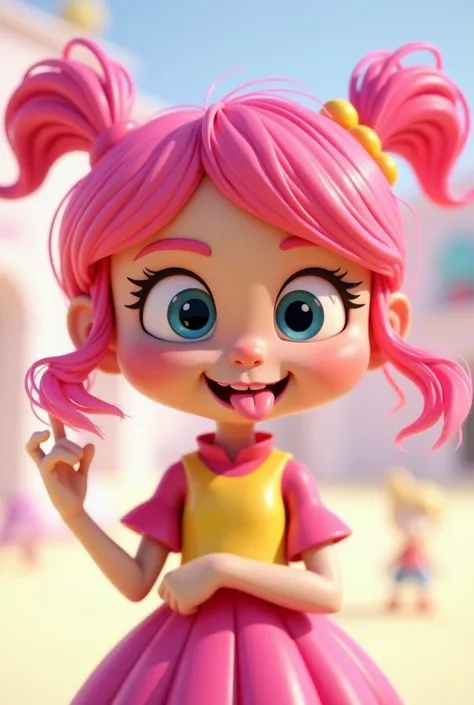 3D cartoon of a pink-haired girl showing a tongue-sticking gesture