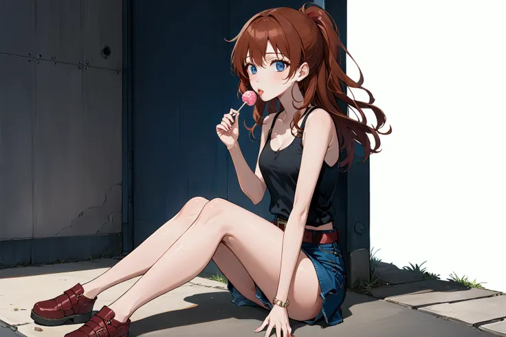 realistic anime illustration of pretty woman in reddish-brown mullet hair  is sitting on ground and licking lolipop, wears black tank top, prussian-blue denim pencil mini skirt with belt, (1girl, solo, full body), (masterpiece, best quality, japanese anime...