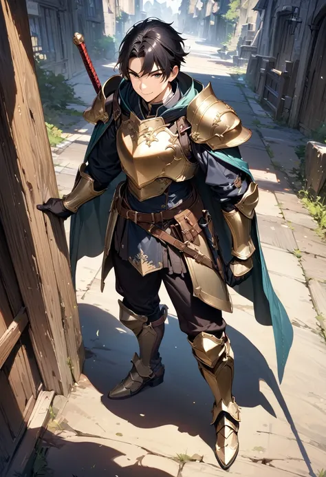 (masterpiece),(best quality),(ultra-detailed),(best illustration),(best shadow),(absurdres),(detailed background),(very aesthetic), 1boy, male-focus, armor, solo, cape, black-hair, gloves, holding, smile, belt, boots, full-body, standing, greaves, armored-...