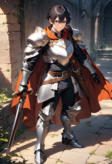 (masterpiece),(best quality),(ultra-detailed),(best illustration),(best shadow),(absurdres),(detailed background),(very aesthetic), 1boy, male-focus, armor, solo, cape, black-hair, gloves, holding, smile, belt, boots, full-body, standing, greaves, armored-...