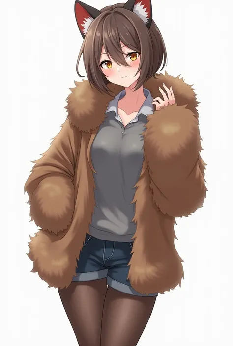 brown fur ,Grey shirt, women, short hair, shorts with tights, light skin color, WITH WHITE BACKGROUND,
