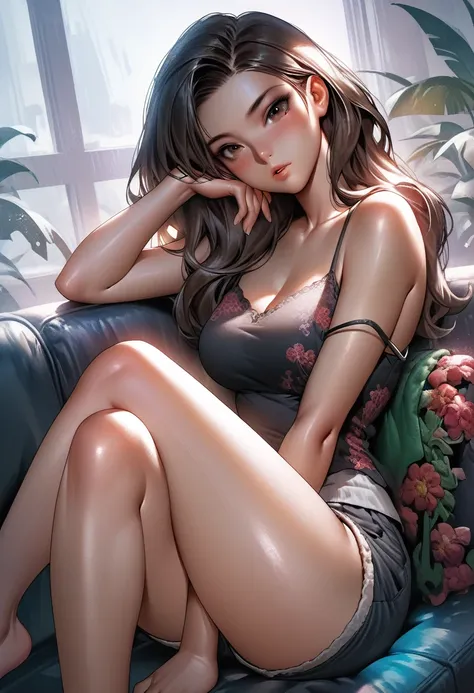 masterpiece, best quality, RAR, 1girl, solo, long hair, breasts, looking at viewer, blush, brown hair, black hair, bare shoulders, sitting, thighs, parted lips, shorts, sleeveless, indoors, blurry, lips, head tilt, short shorts, bare arms, feet out of fram...