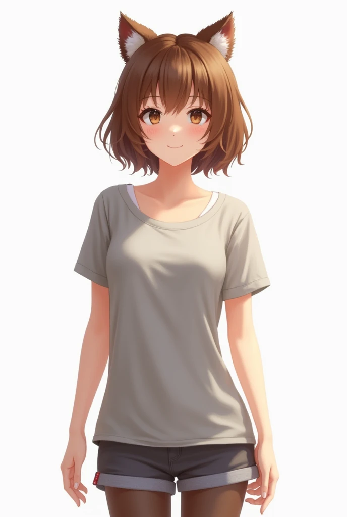 brown fur ,Grey shirt, women, short hair, shorts with tights, light skin color, with white background without ears
