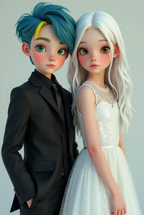 A boy in a smart black suit,with blue hair and a yellow lock of hair,and bright green eyes,a girl in a shiny white dress,with white hair,Brown eyes 