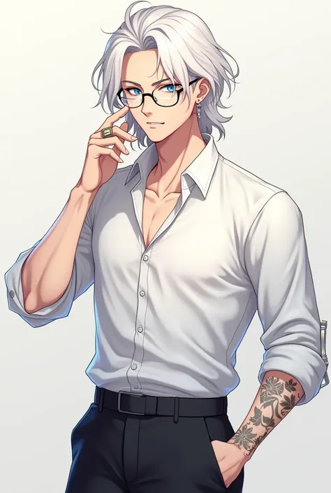 (anime style) a young man, soft but rather elegant facial and body features, thin but with fairly prominent muscles, tattoo on right arm, blue eyes, long white hair, wear glasses. wearing a white shirt and sleeves rolled up to the elbow, black trousers, se...